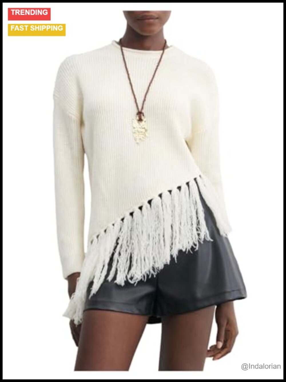 Boho Fringe Cropped Sweater Crew Neck Long Sleeve Pullover Knit Top